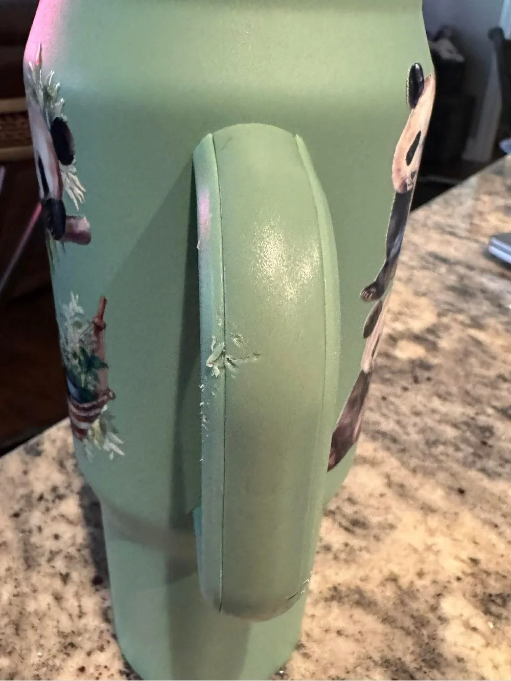 Hand Crafted Mint Green Panda Travel Tumbler scratch on handle